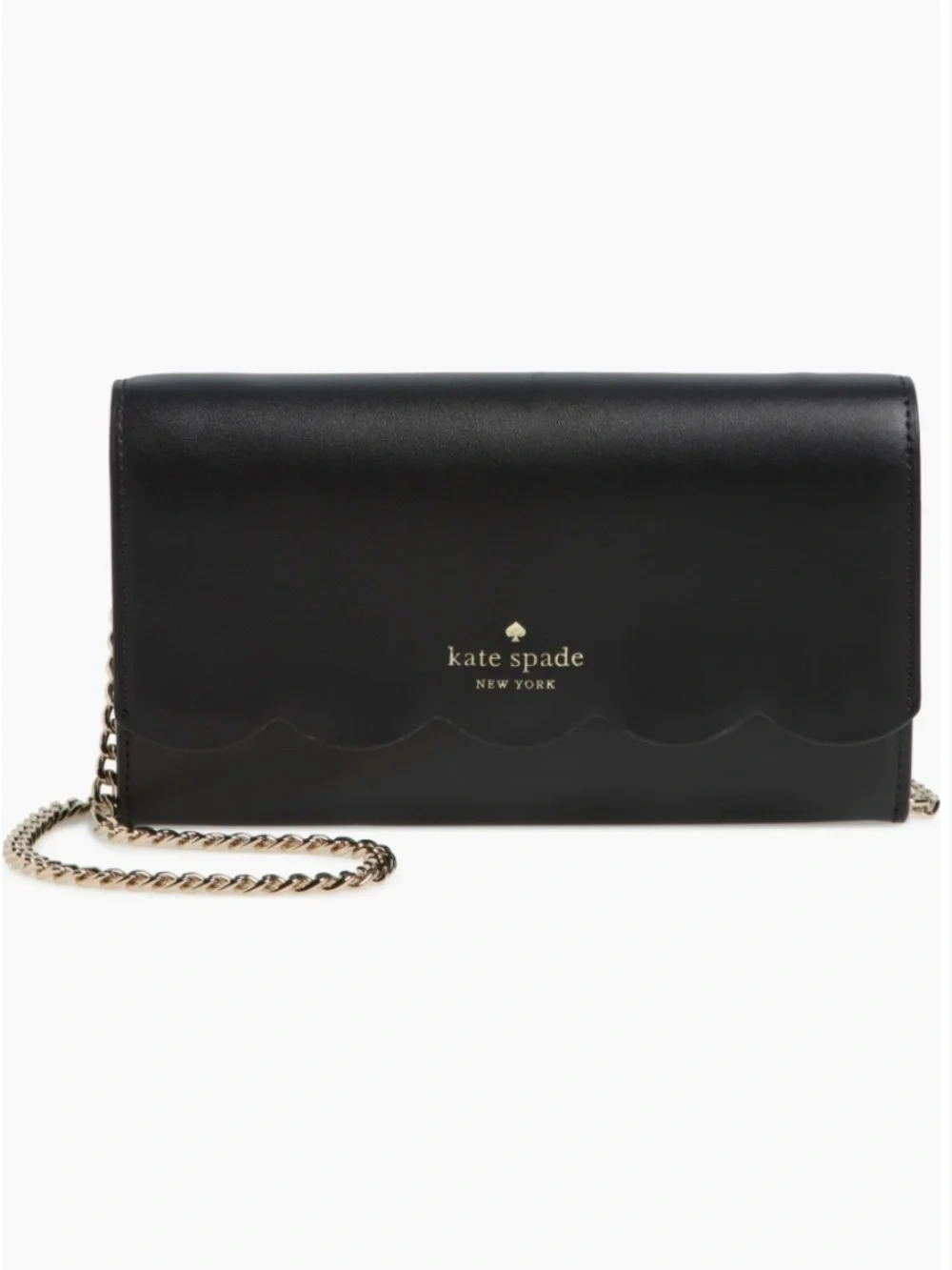 kate spade Gemma Black Leather Scalloped Crossbody Wallet on a Gold Chain NEW